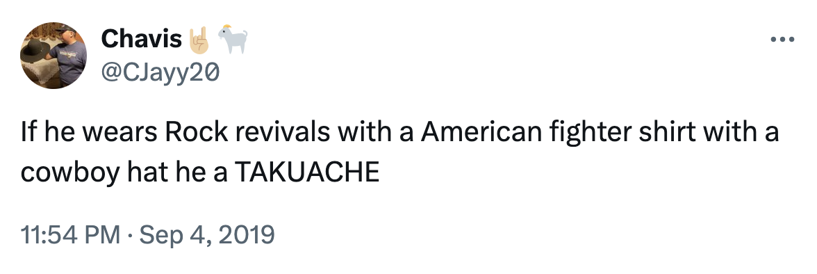 A tweet about takuaches wearing American Fighter and Rock Revival clothes