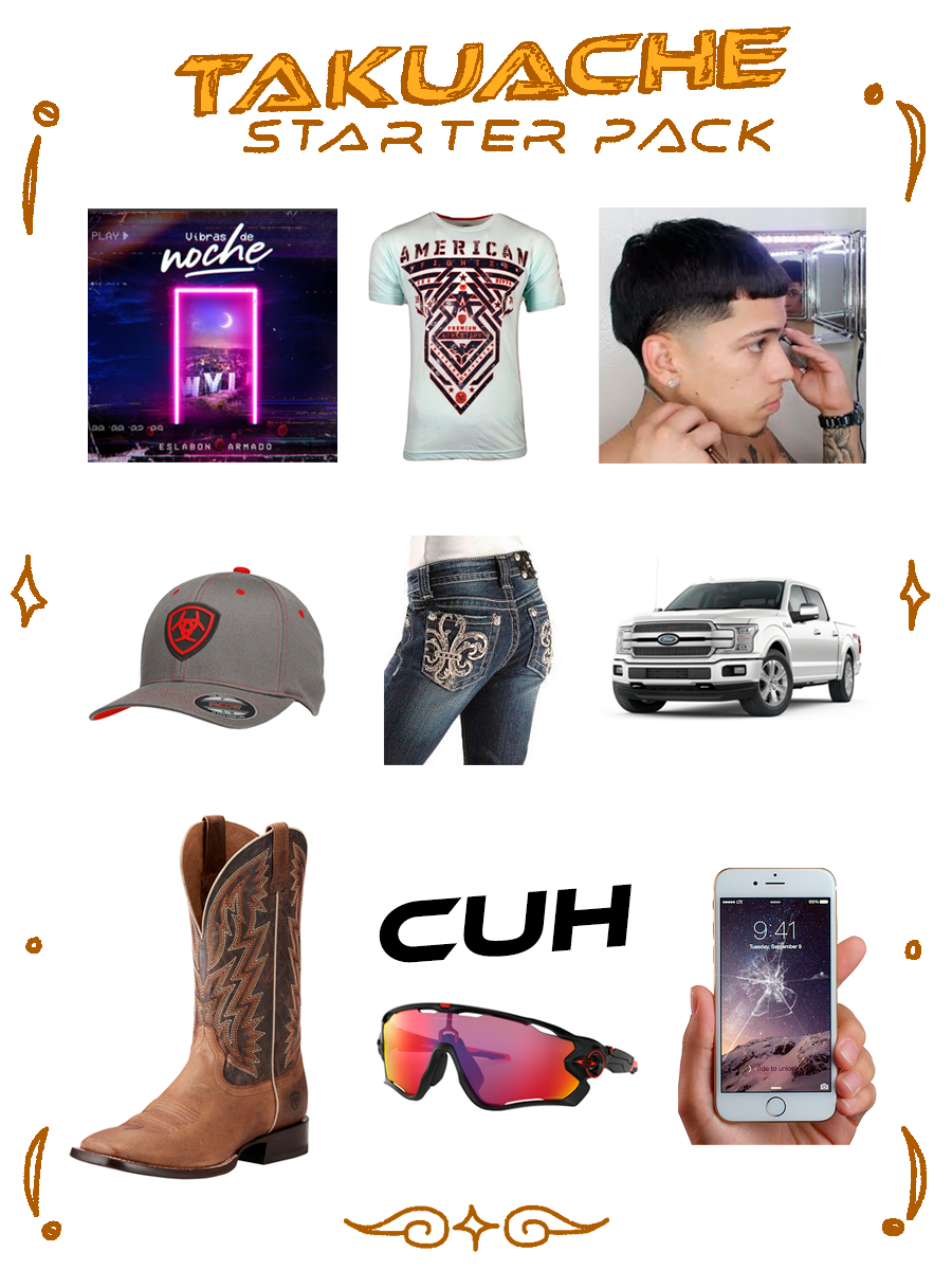 A starter pack meme about takuaches wearing American Fighter and Rock Revival clothes